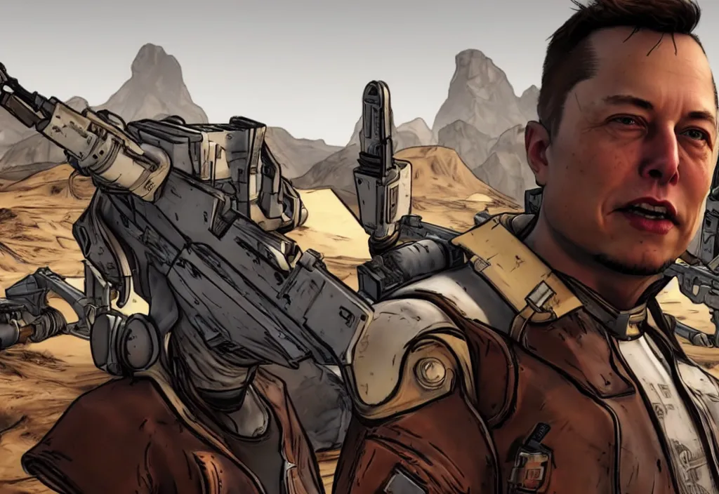 Image similar to elon musk in borderlands elon musk in the video game borderlands, gameplay screenshot, close up, 3 d rendering. unreal engine. amazing likeness. very detailed.