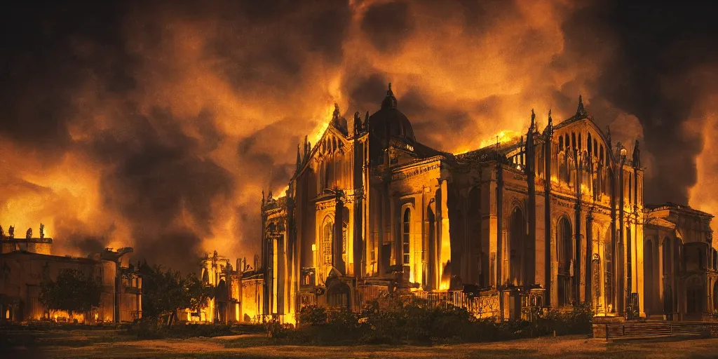 Prompt: photography of Basilica of St Peter collapsing in flames and dark smoke, vfx by weta digital, cinematic, rule of thirds, golden ratio, evening, photography by Annie Leibovitz