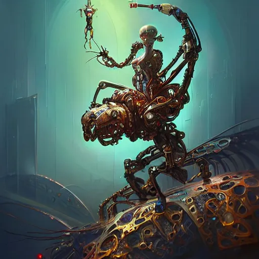 Image similar to biomechanical spider king, cyberpunk, bionics, augments, lights, cables, elegant gleaming intricate baroque jewellery, colorful, vivid, imposing, epic, digital painting, artstation, concept art, by peter mohrbacher and wlop and rhads,