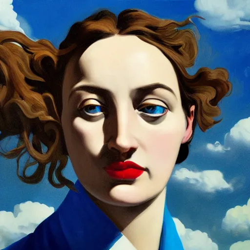 Image similar to close up of the face of beautiful woman, clouds in background, dramatic lighting, painting by neo rauch, highly detailed