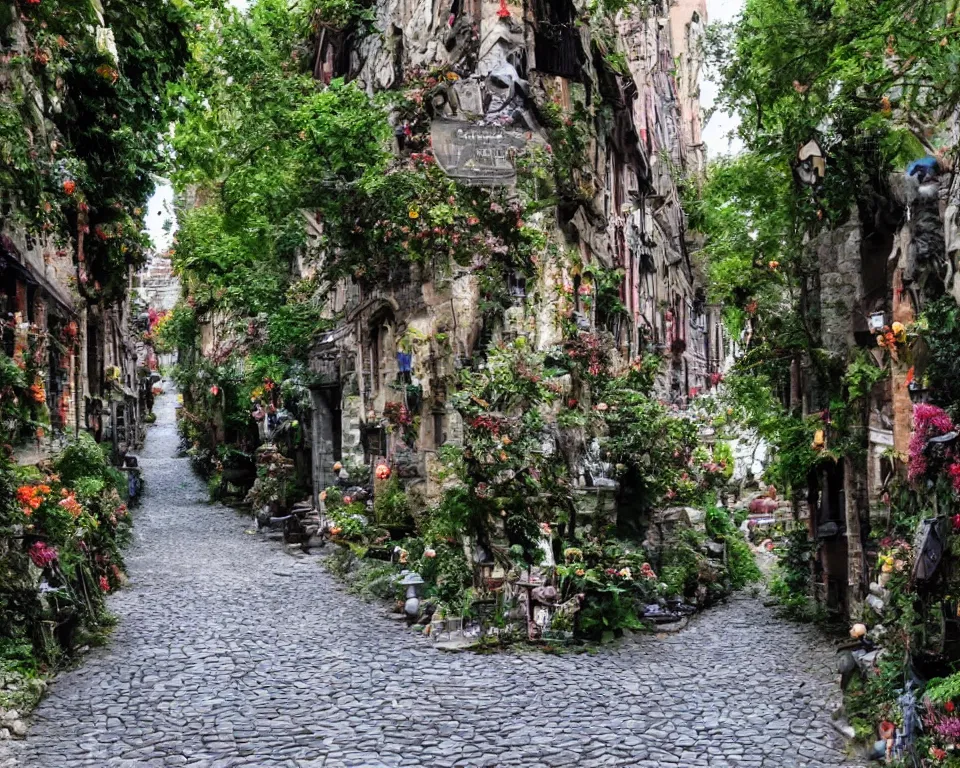 Image similar to cobblestone streets filled with fae, magical, faerie, fanciful