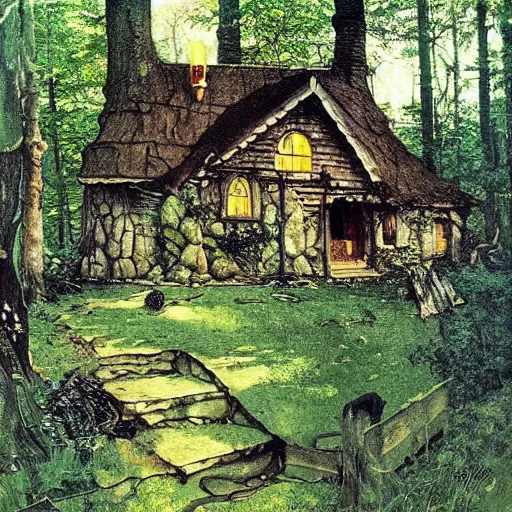 Prompt: witch cottage in the forest, lush forest art by norman rockwell, wide angle