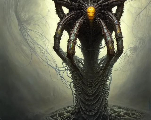 Image similar to giger fractal spider by tomasz alen kopera and peter mohrbacher, digital art, trending in artstation, cinematic lighting, studio quality, smooth render, unreal engine 5 rendered, octane rendered, art style by klimt and nixeu and ian sprigger and wlop and krenz cushart.