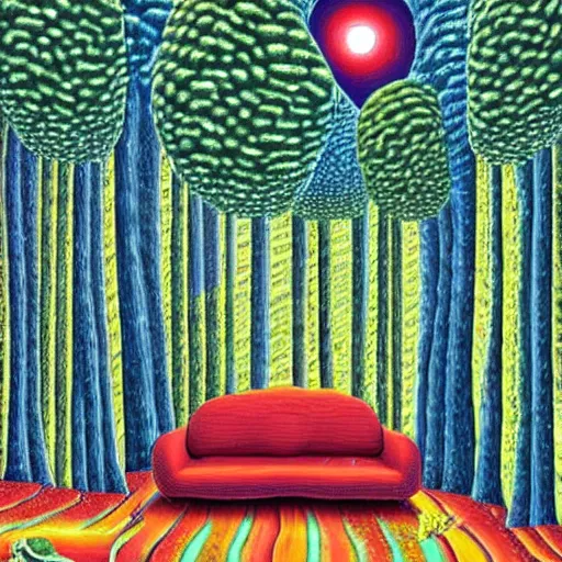 Prompt: psychedelic trippy melon pine forest, planets, milky way, sofa, cartoon by rob gonsalves