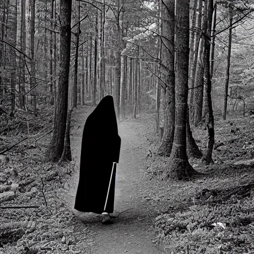 Image similar to old photograph of the grim reaper walking through the forest