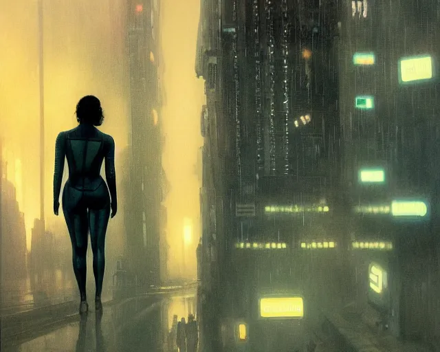 Prompt: 2 0 1 8 blade runner movie still salma hayek look at the cityscape from roof perfect face fine realistic face pretty face reflective polymer suit tight neon puffy jacket blue futuristic sci - fi elegant by denis villeneuve tom anders zorn hans dragan bibin thoma greg rutkowski ismail inceoglu illustrated sand storm alphonse mucha