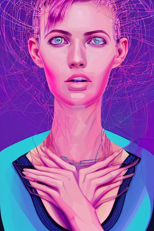 Image similar to a award winning half body portrait of a beautiful woman with stunning eyes in a croptop and cargo pants with ombre purple pink teal hairstyle and hands in pockets by thomas danthony, surrounded by whirling illuminated lines, outrun, vaporware, shaded flat illustration, digital art, trending on artstation, highly detailed, fine detail, intricate