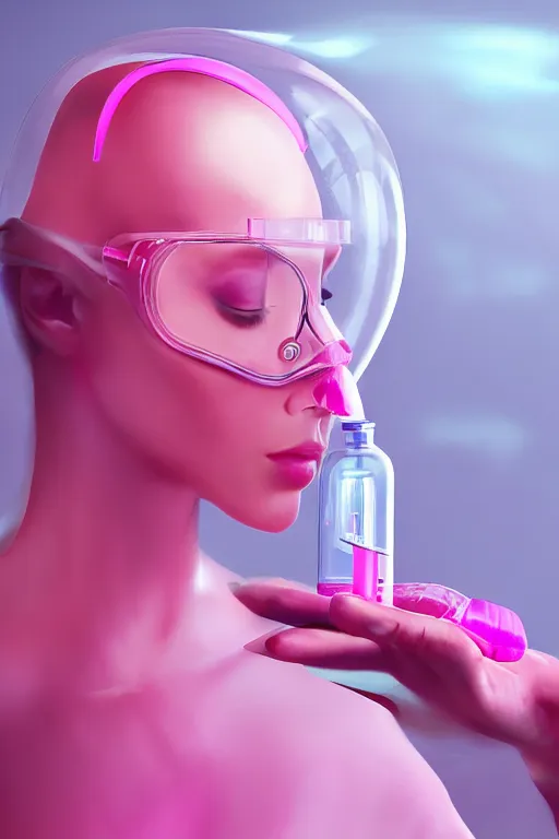 Prompt: Pink Vapor Inhalation Machine in a Medical Laboratory Connected to a Spherical Bottle of Pink Liquid by a Tube, Pink Vapor Leaking from an Oxygen Mask, beautiful woman, fantasy, magic, ultra detailed, digital art, trending on artstation, illustration