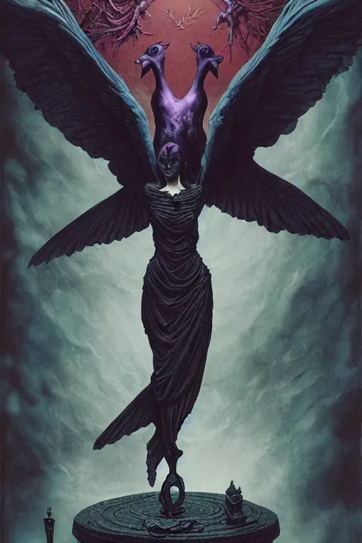 Image similar to raven perched on a statue of beautiful woman in a dark gothic room, full frame, by wayne barlowe, peter mohrbacher, kelly mckernan, james o barr