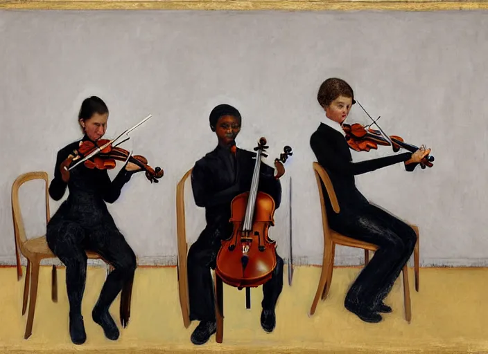 Image similar to portrait of two young nervous violin players sitting on chairs getting ready to perform, half figure front, vincent lefevre and pat steir and hilma af klint, psychological, photorealistic, symmetrical faces, intriguing eyes, dripping paint, washy brush, rendered in octane, altermodern, masterpiece