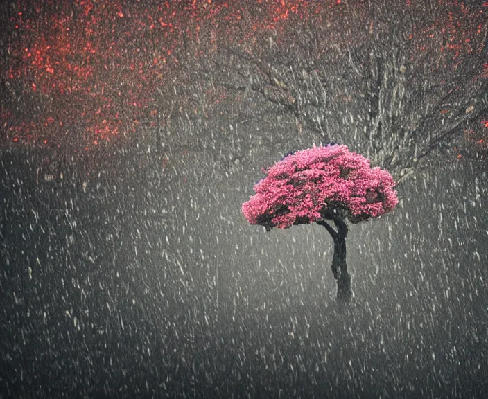 Prompt: 4 k hd, high detail photograph of blossoming tree in the middle of rain of fire, shot with sigma f / 4. 2, 2 5 0 mm sharp lens, wide shot, consistent, volumetric lighting, high level texture render