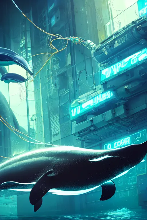 Prompt: cyborg Whale, cyborg Orca, Robot, circuit boards, vapor wave, robots whale, Cyberpunk, wires and resisters, ultra hd, Painted By Andreas Rocha, unreal 5, DAZ, hyperrealistic, octane render, dynamic lighting, intricate detail, summer vibrancy, cinematic