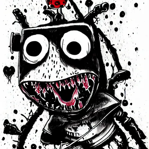 Prompt: dark art grunge cartoon drawing of a teddy bear with bloody eyes by - invader zim, loony toons style, horror theme, detailed, elegant, intricate