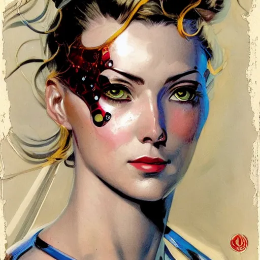 Image similar to portrait of a female android, by Joseph Christian Leyendecker and Sandra Chevrier