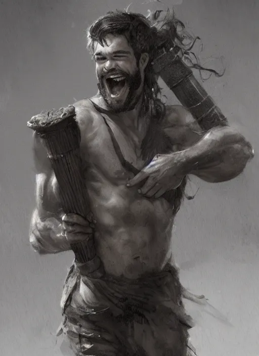 Image similar to illustration of young tim robbins with dark brown hair and a big bushy beard, big muscles, holding a greek column on his shoulder and grinning by greg rutkowski, bayard wu