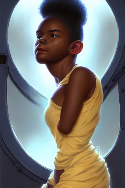 Prompt: beautiful and enigmatic afro american girl held captive in a remote research facility. vulnerability and innocence, ultra realistic, sharp details, subsurface scattering, intricate details, warm lighting, beautiful features, highly detailed, photorealistic, octane render, 8 k, unreal engine, art by artgerm and greg rutkowski and alphonse mucha