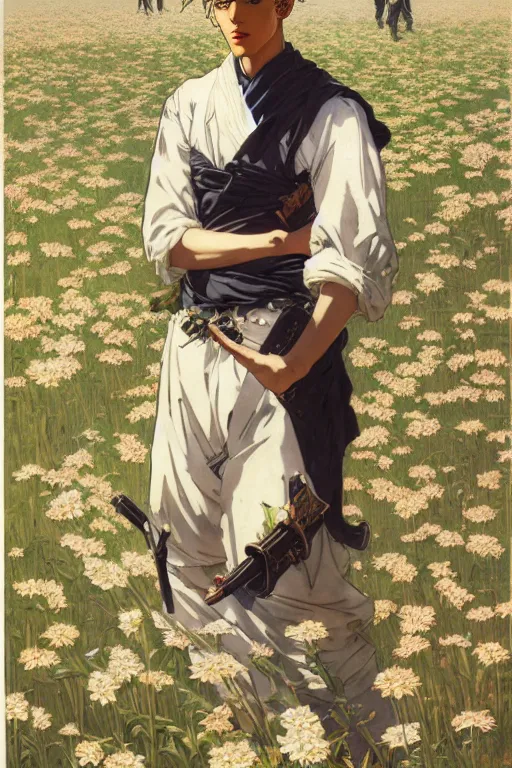 Image similar to attractive young thug in flower field, painting by j. c. leyendecker, yoji shinkawa, katayama bokuyo