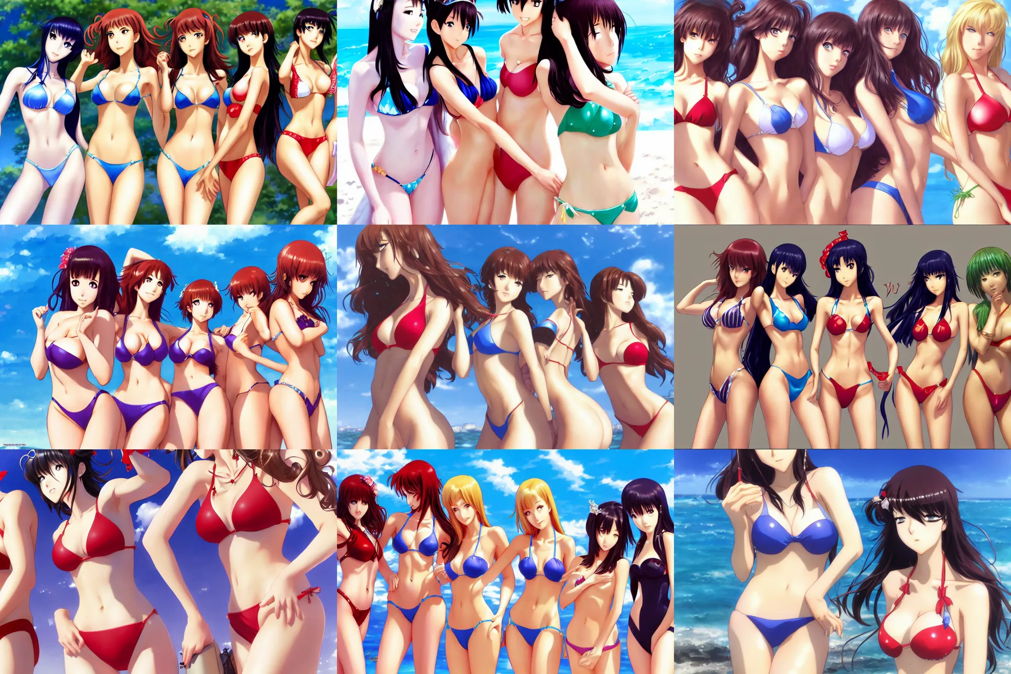 Image similar to close - up princesses posing together in bikini. by takashi takeuchi, yoshiyuki sadamoto, amagaitaro, makoto shinkai, krenz cushart, asao urata, pixiv