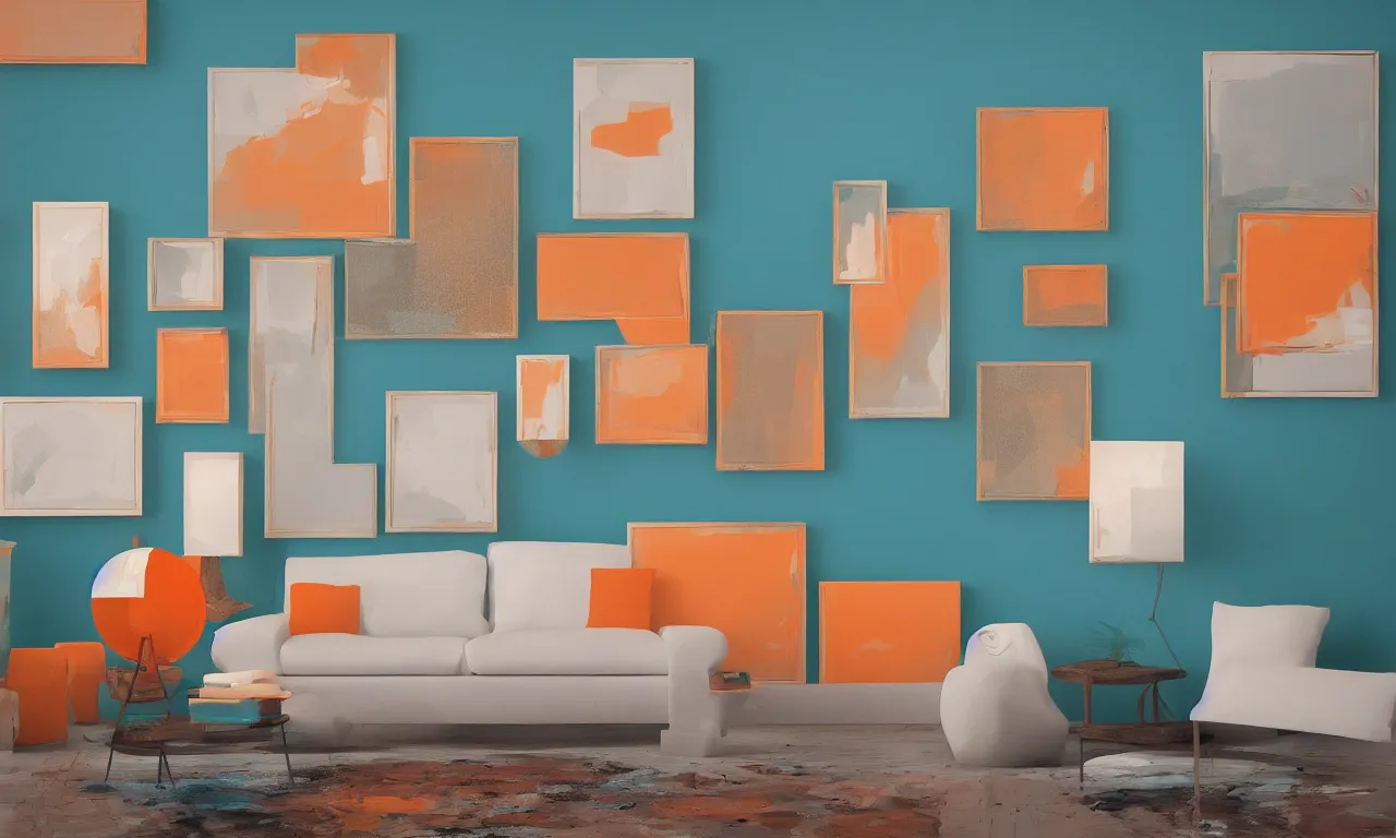 Prompt: 4 painting frames on a room wall, geometric arrangements, night time, illuminated lampstands, beautiful volumetric lighting, smooth, soft teal and orange colors, photorealism