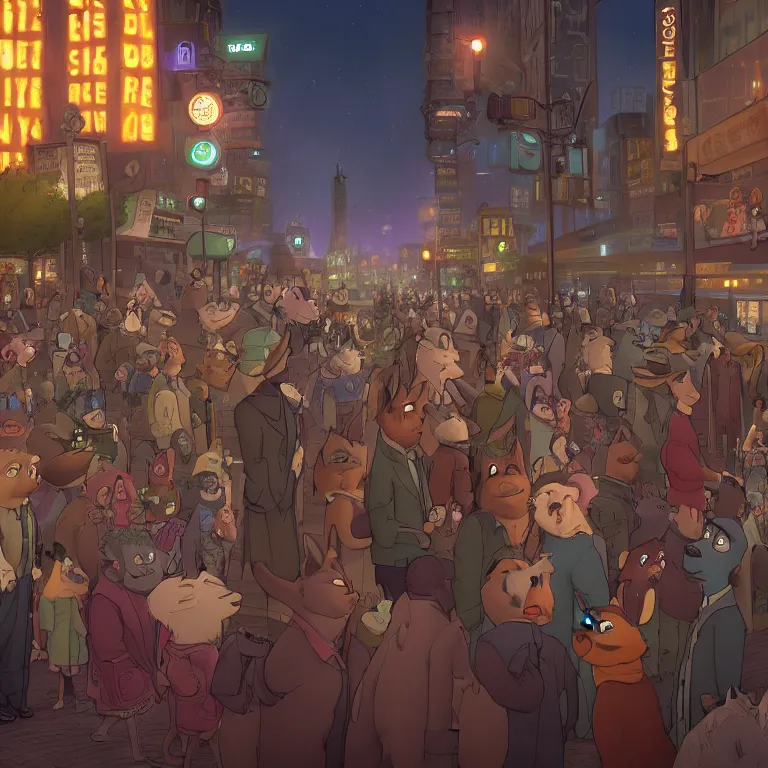 Image similar to few people waiting in a bus stop in dark city night, detailed, high quality, high resolution, screenshot from Zootopia