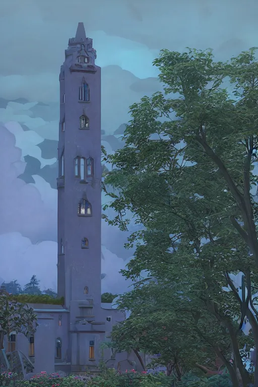 Prompt: view of the mysterious blue tower in its gardens after a storm, tall windows lit up, beautiful ornamental architecture, dramatic cinematic lighting, rich colors, by Nicholas Roerich and William Dyce and April Gornik and Ludwig Deutsch , unreal engine