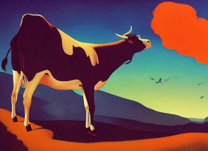 Image similar to isometric painting of a cow devouring a human, black mountains, rhads, dark atmosphere, fire, edward hopper, tristan eaton, victo ngai