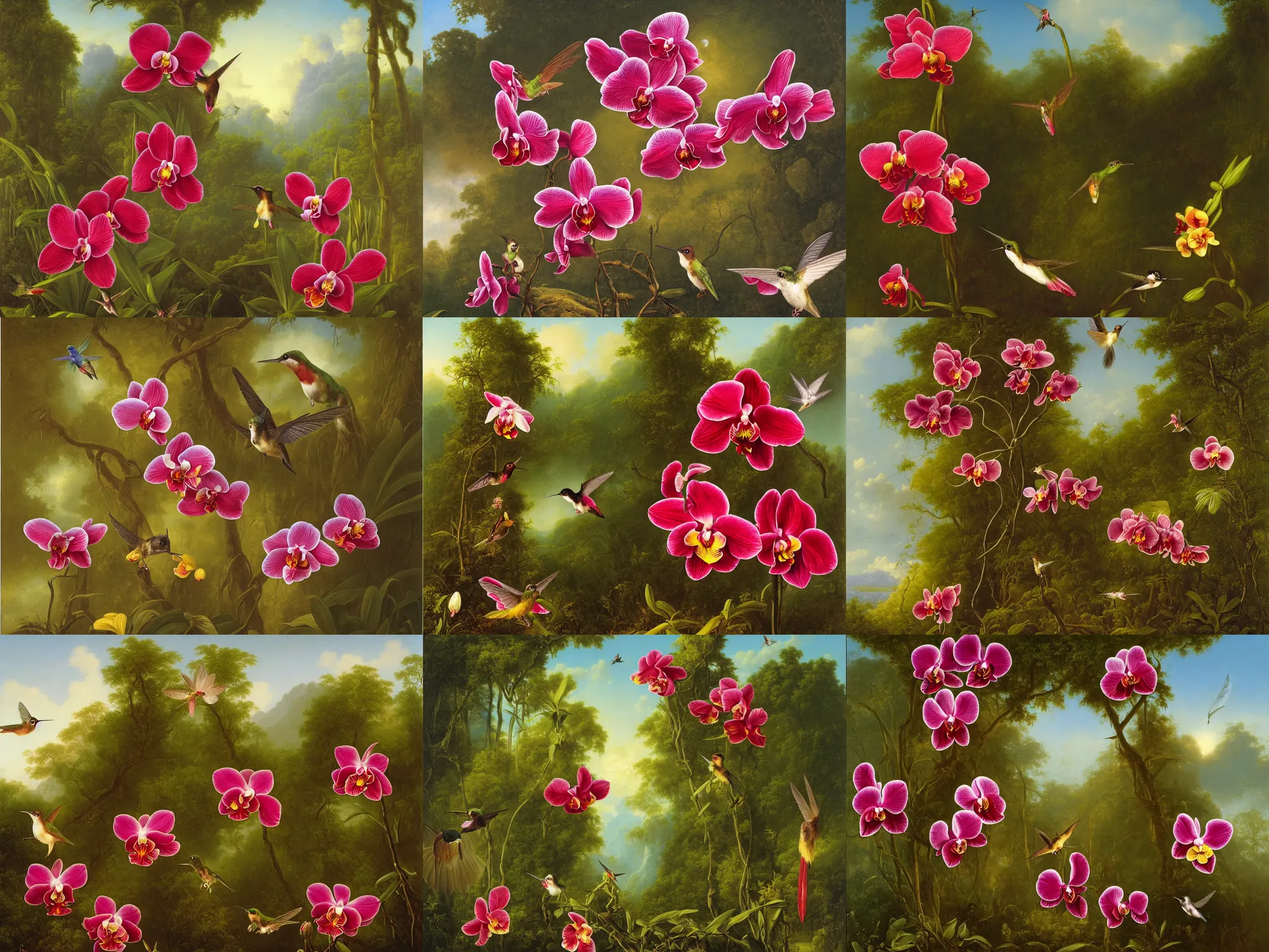 Prompt: painting of an miltoniopsis orchid and a hummingbird in front of a jungle landscape by martin johnson heade