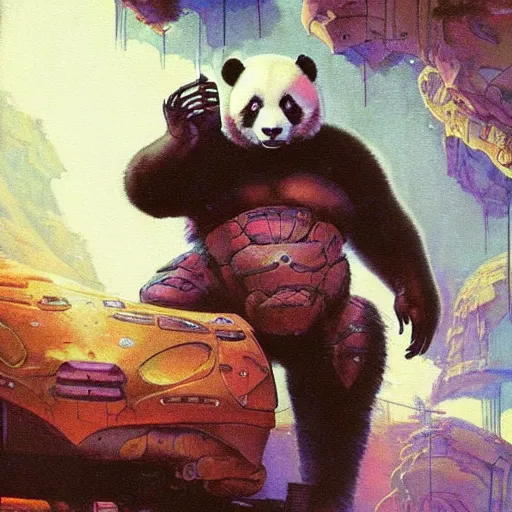 Image similar to a panda mecha, reflective detailed textures. glowing colorful fog, dark background. highly detailed fantasy science fiction painting by moebius, norman rockwell, frank frazetta, and syd mead. rich colors, high contrast. trending on artstation