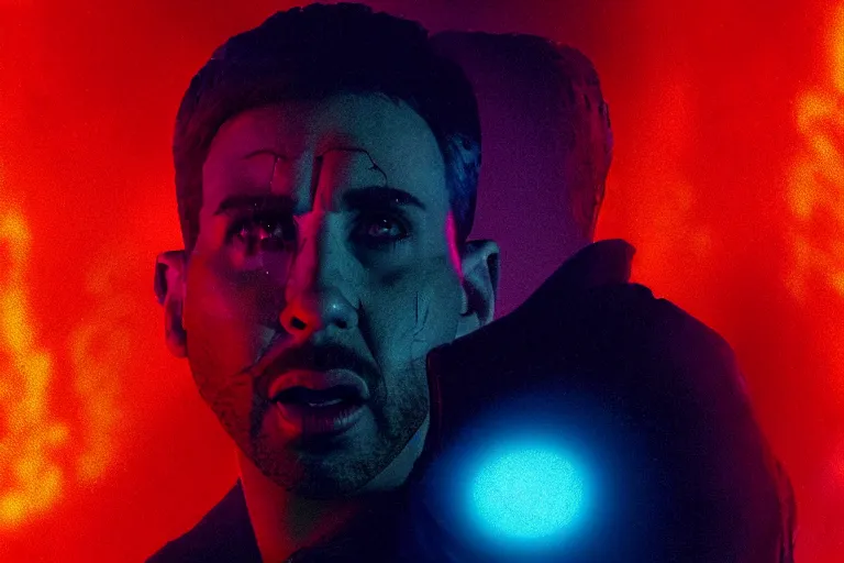 Image similar to a large digital hologram of a screaming face suspended in the air, photography by fred palacio medium full shot still from bladerunner 2 0 4 9, sci fi, bladerunner, canon eos r 3, f / 3, iso 2 0 0, 1 / 1 6 0 s, 8 k, raw, unedited