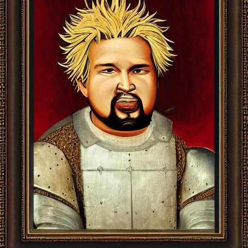 Prompt: Renaissance painting of Guy Fieri the medieval knight, framed gallery artwork of the 15th and 16th Centuries,