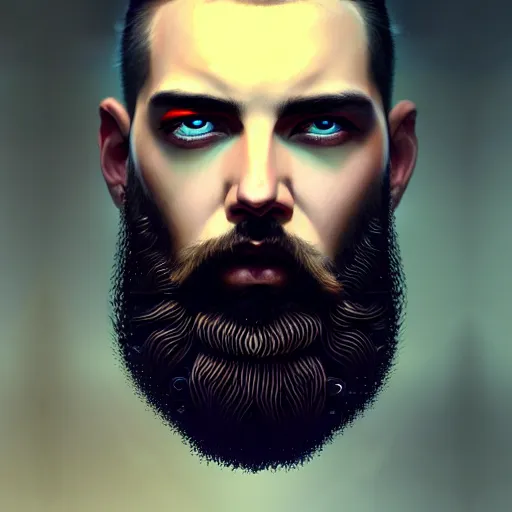 Image similar to bearded man with extremely large and intricate haircut with angry red eyes and slim features looking askance, eye cyberpunk bionics, retro futurist style, intricate, elegant gleaming intricate baroque jewelry, angelic halo, highly detailed, digital painting, artstation, concept art, smooth, sharp focus, illustration, art by wlop, mars ravelo and greg rutkowski,