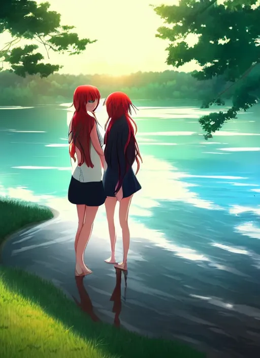 Prompt: two beautiful women out by the lake on a humid summer day, gorgeous faces, thick lines, cinematic lighting, detailed anime art