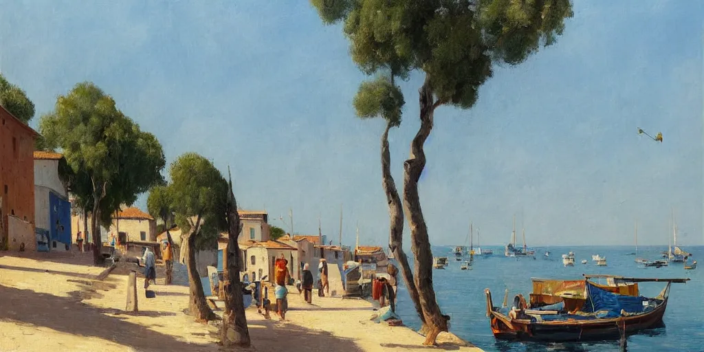 Image similar to a beautiful extremely complex painting of a mediterranean fishing village in summer by peter ilsted, whitewashed housed, tall cypress trees, blue shutters on windows, people walking down a street, fishing boats in the water, beautiful blue water, trending and featured on artstation and behance