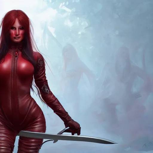 Image similar to portrait of a female demon with red skin wearing a skintight leather jacket holding a sword!!, intricate, elegant, highly detailed, digital painting, artstation, concept art, smooth, sharp focus, illustration, art by artgerm and greg rutkowski and alphonse mucha, 8 k