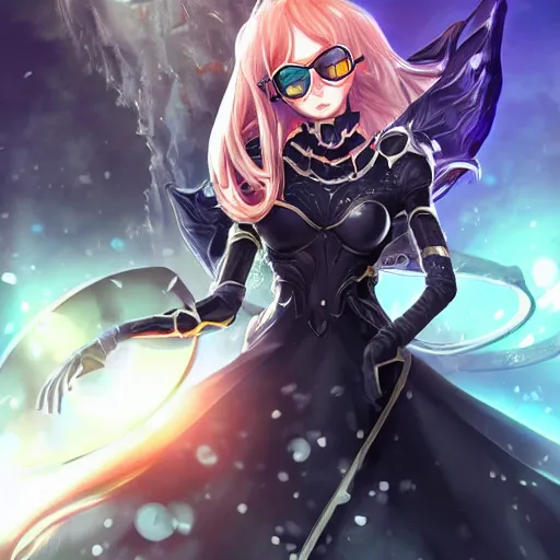Prompt: portrait of a female anime hero, wearing big black circle glasses, a flowing black cape and diamond armor, battling a giant beetle, art by artgerm, fantasy art