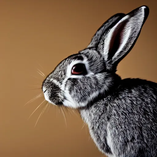 Image similar to profile portrait of a rabbit looking in a mirror, dark room, top lit