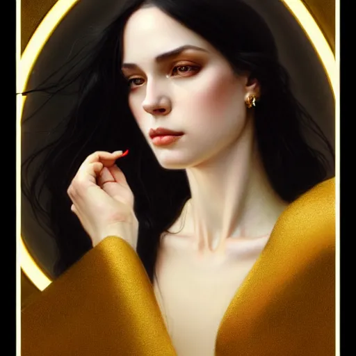 Image similar to Portrait of a beautiful pale skin Eastern European female with long black hair, dark eyes, elegant clothing, photorealistic, highly detailed, artstation, smooth, sharp focus, gold ornaments, neon lighting, sci-fi, art by Klimt, artgerm, Greg Rutkowski and Alphonse Mucha