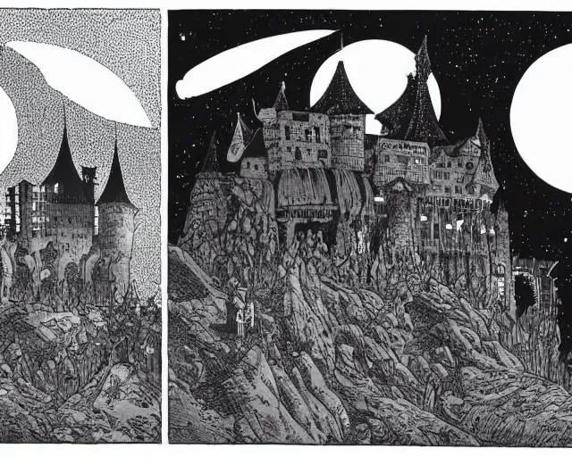 Prompt: dracula's castle rising up from the mist at night silhouetted by a single huge bloodmoon by arthur adams and moebius and chip zdarsky, stunning, comic, pen and ink, slash page, highly detailed