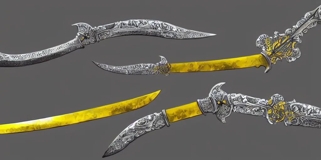 Image similar to silver sword with its blade covered in glowing yellow sigils, realistic, high quality, artstation, concept art