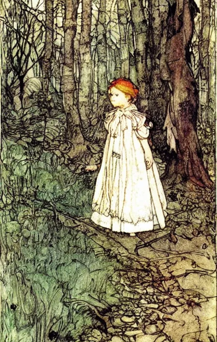 Prompt: little girl in the fairy woods by carl larsson, arthur rackham