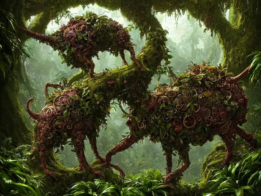 Image similar to metaverse creature in a lush trunda vegetation :: by Michal Karcz, Daniel Merriam, Victo Ngai and Guillermo del toro :: ornate, dynamic, particulate, intricate, elegant, highly detailed, centered, artstation, smooth, sharp focus, octane render, 3d