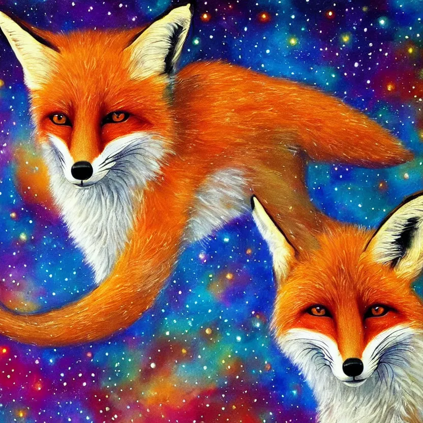 Prompt: a centred painting of a fox looking up at the colourful galaxy in the style of Starry Night, highly detailed, trending on artstation