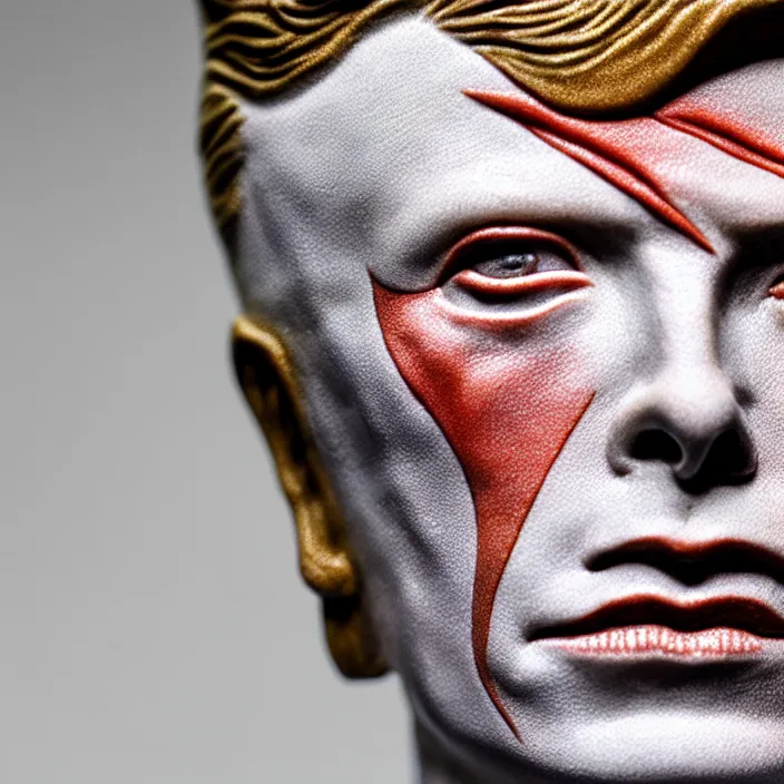 Image similar to David Bowie , A Close up photo-real delicate ceramic porcelain sculpture of a symmetrical ornate detailed in front of an intricate background by Victo Ngai and takato yamamoto, micro detail, backlit lighting, face in focus, subsurface scattering, translucent, thin porcelain, octane renderer, colorful, physically based rendering, japanese pottery, trending on cgsociety