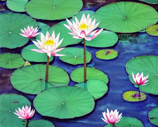 Image similar to a beautiful painting of a water lily pond, japanese watercolor,