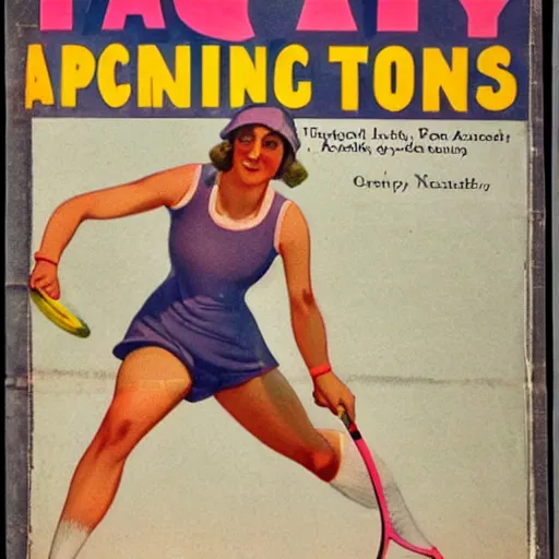 Image similar to a 1 9 2 8 cover of a quality magazine. happy, healthy, beautiful, smiling, young, sporty, glowing woman in decent athletic wear playing tennis. hyper - realistic detailed color drawing