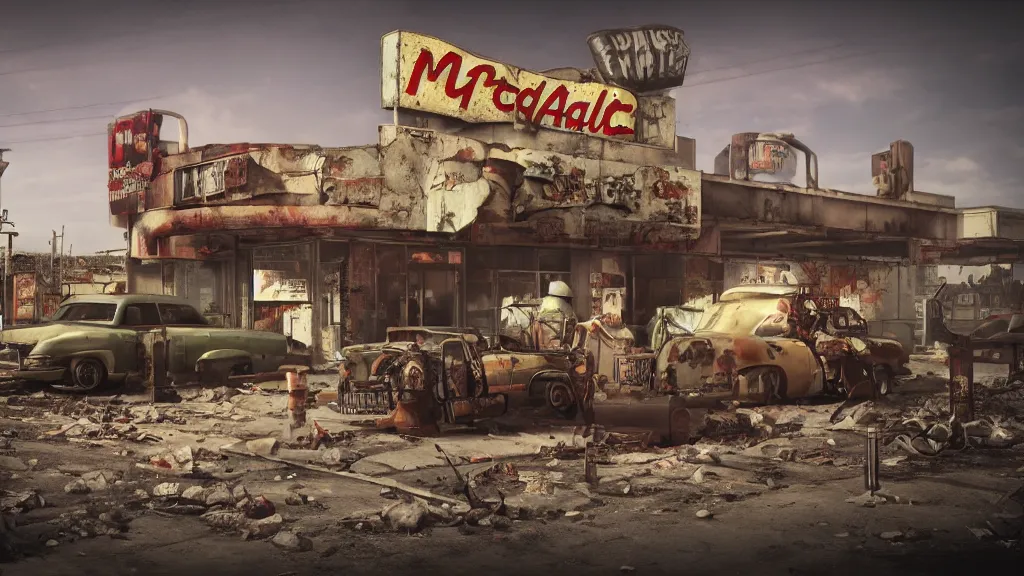 Prompt: post apocalyptic McDonalds, fallout, wasteland, octane render, 8k