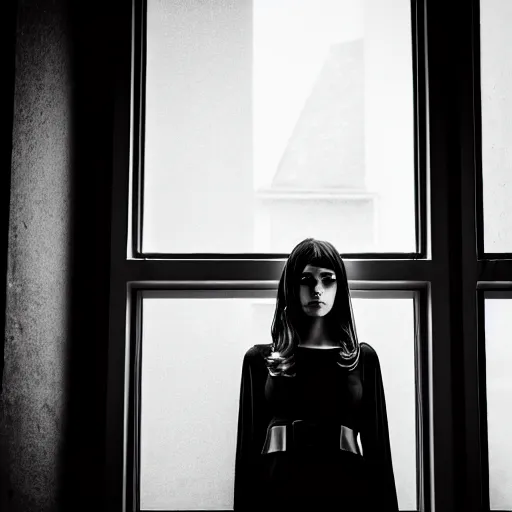 Image similar to black and white fashion photography of a beautiful depressed Woman with detailed face in the heroine chique style standing by the window, natural light, sigma 85mm f/1.4 1/10 sec shutter