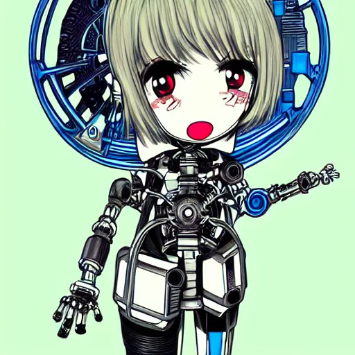 Image similar to Anime manga robot!! Anime girl, cyborg girl, exposed wires and gears, fully robotic!! girl, manga!! in the style of Junji Ito and Naoko Takeuchi, cute!! chibi!!! Schoolgirl, epic full color illustration, tattoo