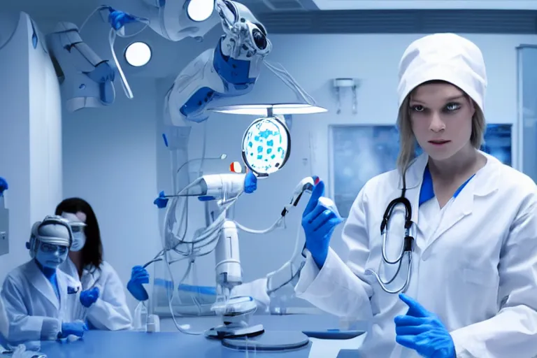 Prompt: promotional image from a sci - fi movie, a cyborg girl dressed in white on an operation table in a lab, soft blue light, robot surgeon, medical equipment, 8 k, very detailed face, movie still frame, promotional image, imax 7 0 mm footage