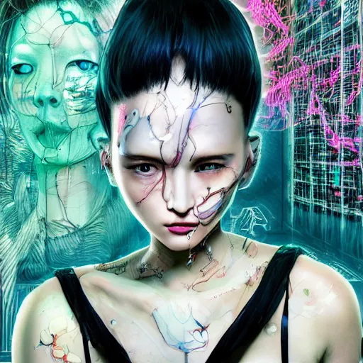 Prompt: the portrait of an absurdly beautiful, graceful, sophisticated, fashionable cyberpunk gravure idol, an ultrafine hyperdetailed illustration by kim jung gi, irakli nadar, hanna moon, cy twombly, intricate linework, bright colors, collage, porcelain skin, unreal engine 5 highly rendered, cgsociety, global illumination, radiant light, detailed and intricate environment